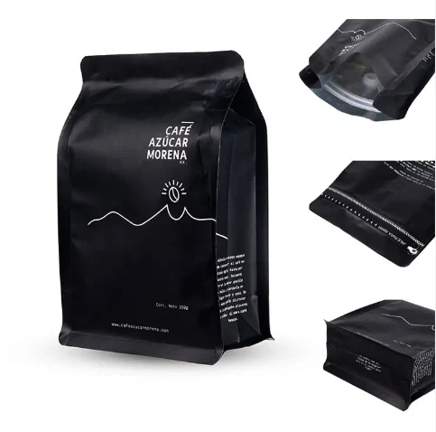 Wholesale Cafe Custom Printed Logo Plastic Black Flat Bottom Coffee Bags Packaging With Valve And Zipper